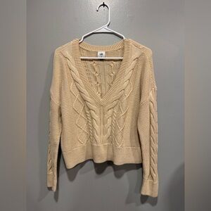 Cabi Cropped Cable Knit Pullover Boxy Fit V Neck Sweater in Cream Size XS